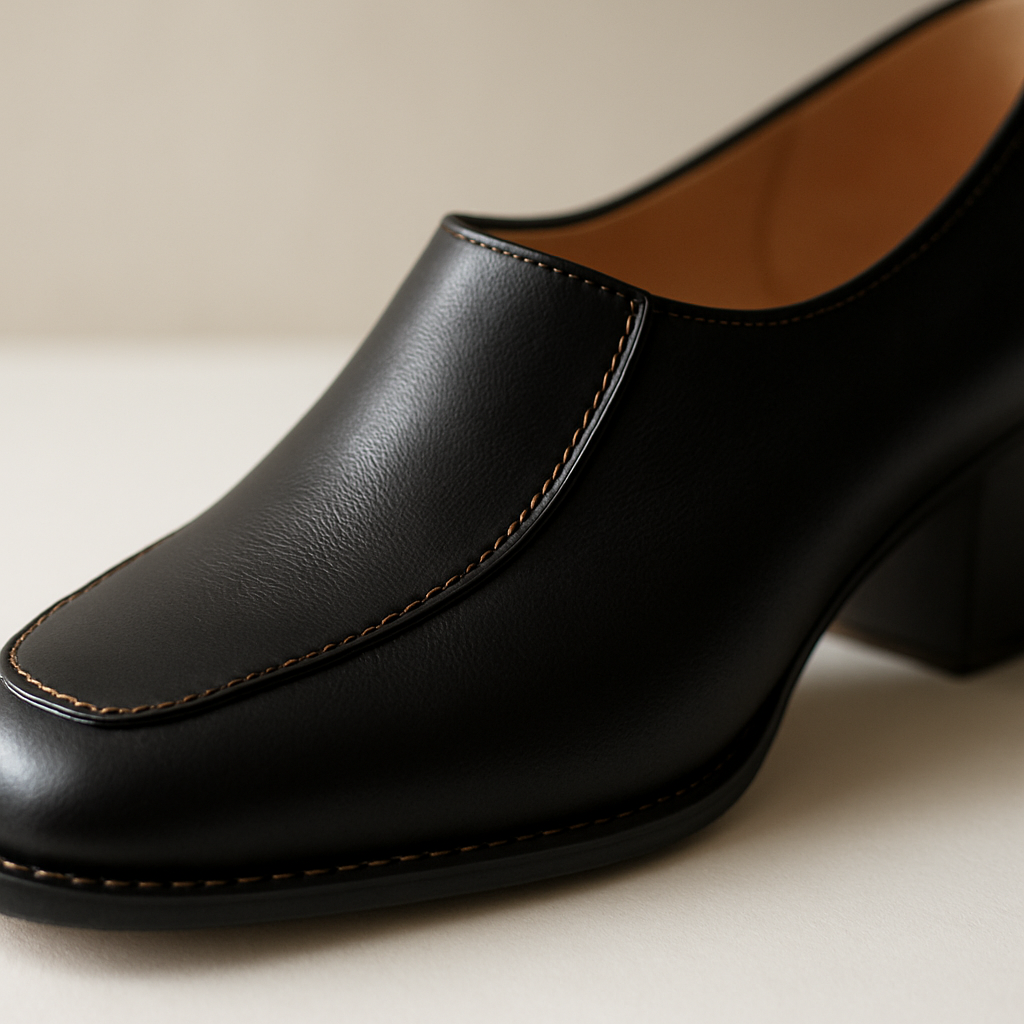 Close-up of a handcrafted black leather shoe