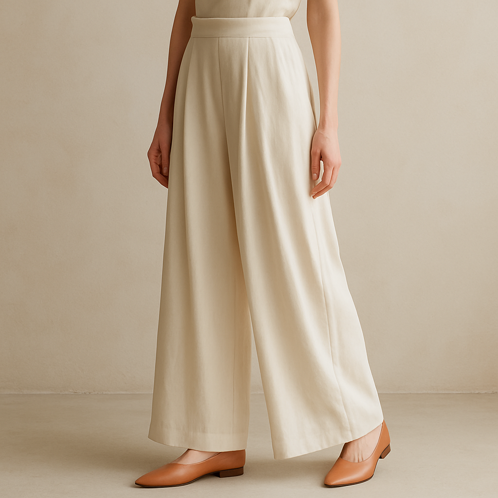 Elegant woman wearing cream trousers and handcrafted leather shoes