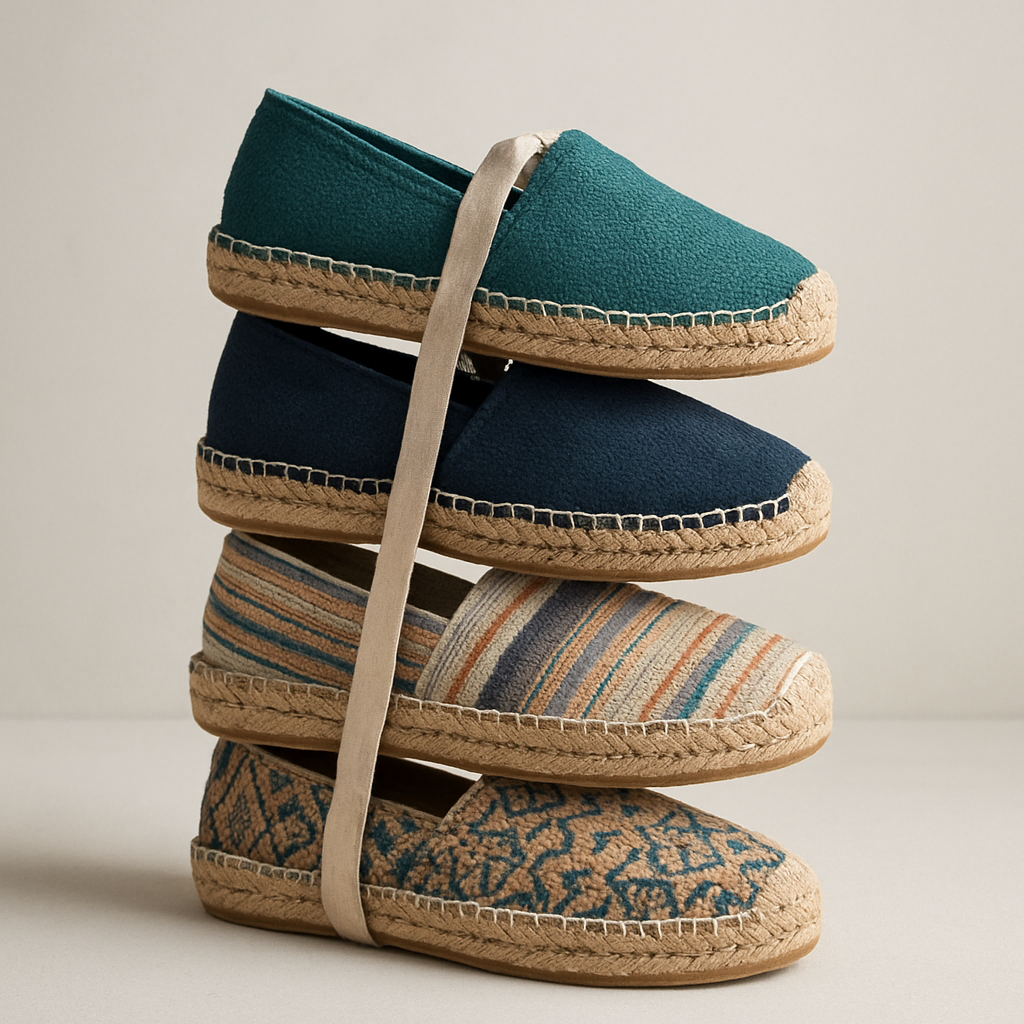 A stack of colorful handcrafted espadrille shoes
